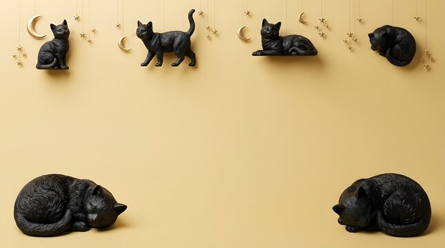 A charming collection of miniature black cat figurines perfect for halloween decorations and spooky seasonal displays