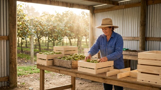 Female orchard worker wearing a straw hat carefully packing fresh green kiwi fruits into wooden crates in a packing shed, showcasing fruit harvest, agricultural packaging, and farm work.