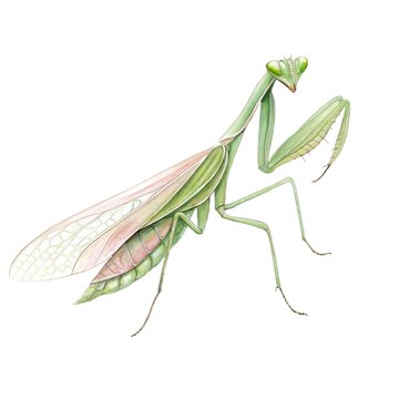Cute watercolor illustration of a friendly green mantis insect isolated