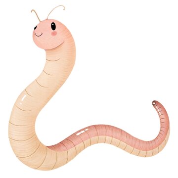 Cute watercolor illustration of a friendly pink earthworm insect isolated