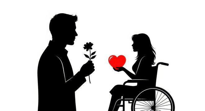 Man giving flower to woman in wheelchair, love and care