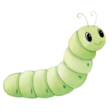 Cute watercolor illustration of a friendly green caterpillar insect isolated