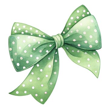 Cute watercolor illustration of a festive green bow with white polka dots isolated