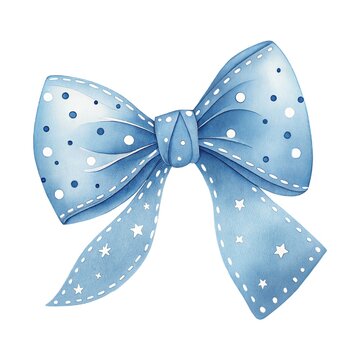 Cute watercolor illustration of a festive blue bow with white stars and polka dots isolated