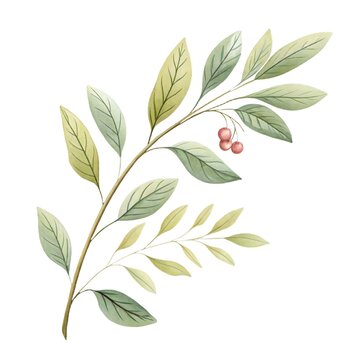 Cute watercolor illustration of a green leafy branch with pink berries isolated