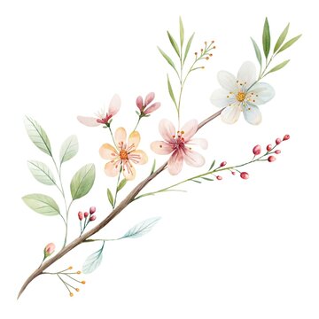 Cute watercolor illustration of a flowering branch with blossoms and berries isolated