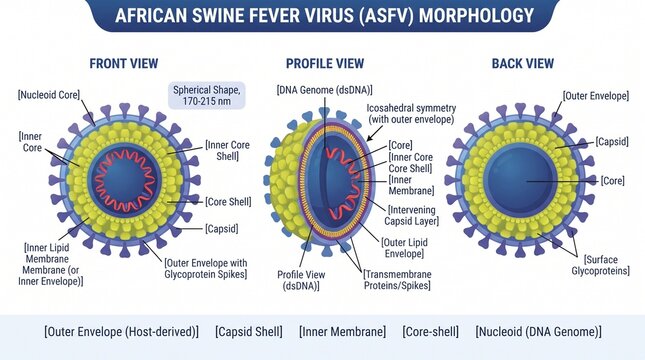 Scientific Diagram Illustrating Swine Fever Virus Morphology With Front Profile And Back Views