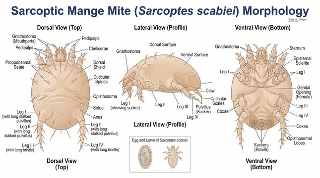 Scientific Morphology Diagram Showing Sarcoptes Scabiei Mite Anatomy With Descriptive Labels And