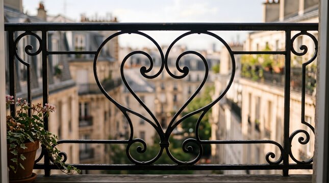 Parisian Balcony Railing with Heart Design Overlooking Cityscape.