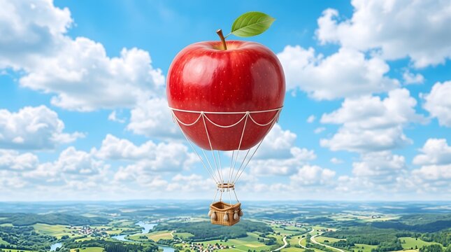 Red Apple Shaped Hot Air Balloon Floating Over Green Landscape.