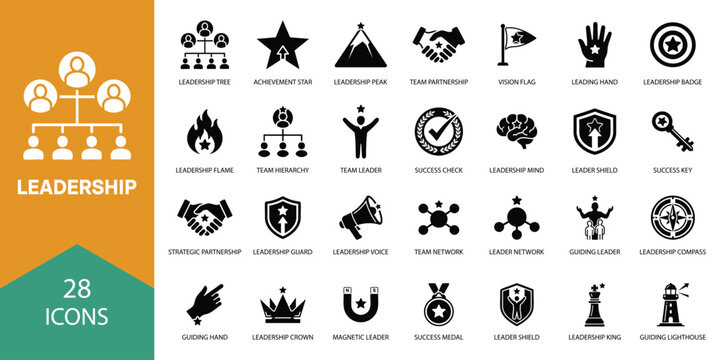 Leadership line icon set. Leader, team, direction, confidence, vision - vector.