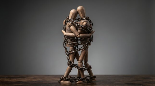 Two wooden mannequins embracing tightly bound by heavy metal chains against a textured background.