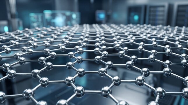 Graphene molecular structure close-up with futuristic technology background.