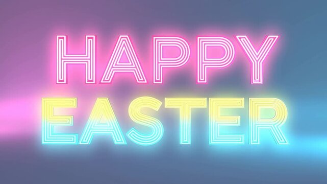 Panning shot of neon happy easter sign pulsing and glowing with moving colored light streaks and soft haze against gradient studio background