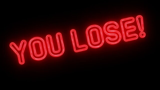 Panning shot neon you lose sign flickering and glitching over dark textured background with red glowing outline and scanline distortion