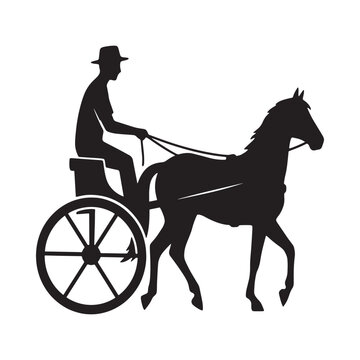 Horse drawn carriage silhouette against a white background depicts a driver and steed