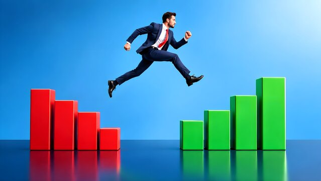 A businessman in a suit jumps across a gap from a descending sequence of red charts to an ascending sequence of green growth bars.