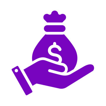 Purple icon showing a human hand holding a money bag with dollar sign transparent background