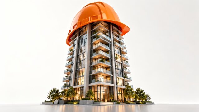 Construction site of a residential building with an orange hard hat on top, highlighting ongoing work in October
