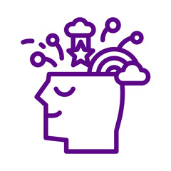 Purple line icon of a human head with creative imagination symbols transparent background © MostArefa