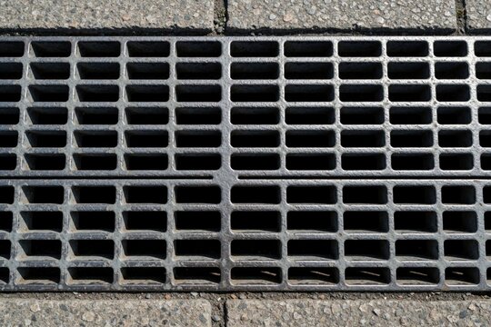 Close up of grey metal grating on railway platform. Iron drain with rectangular cells covers drainage channel. Steel gutter mesh texture in urban street environment. Heavy duty metal grate for water