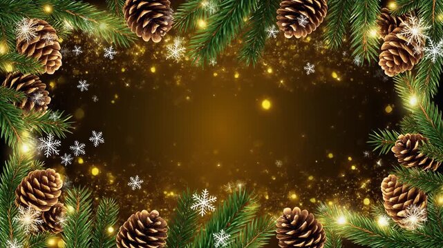 Elegant Christmas Background with Pine Cones Fir Branches and Sparkling Lights in Warm Amber Glow