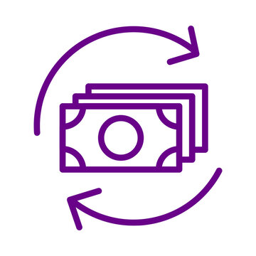 Purple outline icon showing cash flow with money bills and rotating circular arrows on white background transparent background