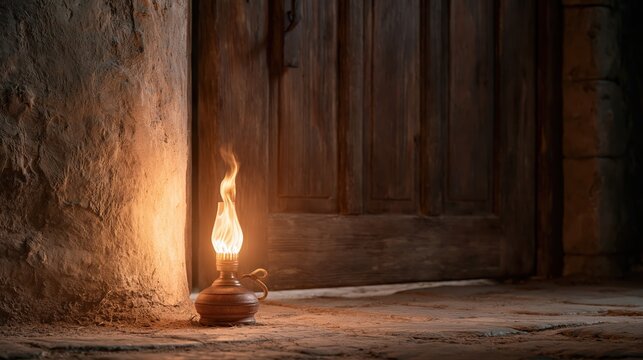 Single oil lamp burning beside a closed wooden door, symbolizing readiness, vigilance, and faithfulness in a biblical setting.
