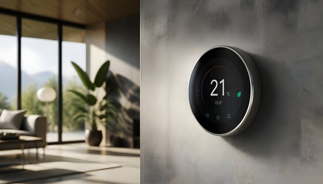 Termostato intelligente per la domotica montato su parete moderna con display digitale