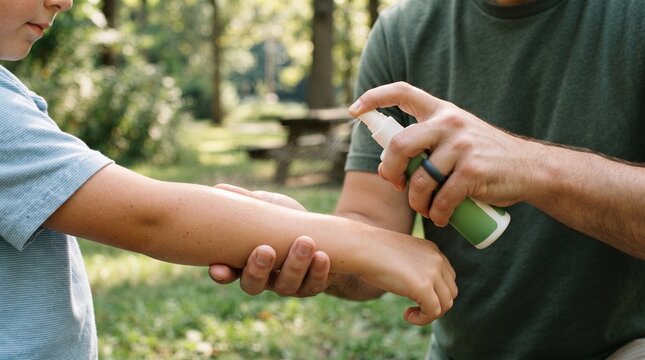 A father applies mosquito spray to his child's arm at close range. Spraying insect repellent on the skin outdoors. Health and safety concept.
