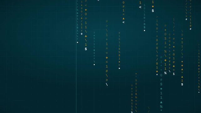 4K teal data streams raining down full screen with glowing symbols, cyber motion background