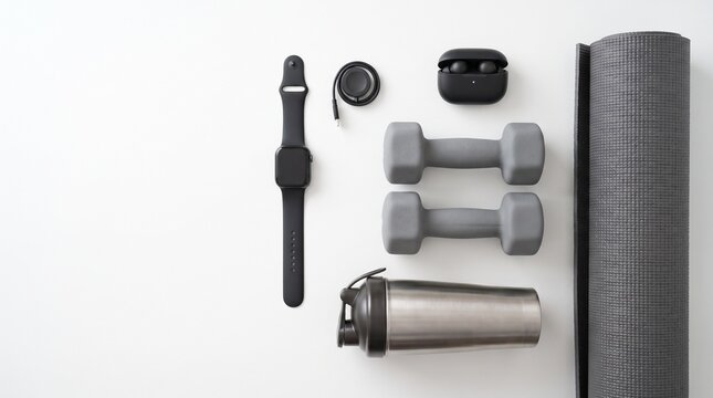 Fitness equipment and accessories isolated on white background flat lay