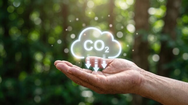 Hand holding a glowing CO2 reduction icon against a blurred forest