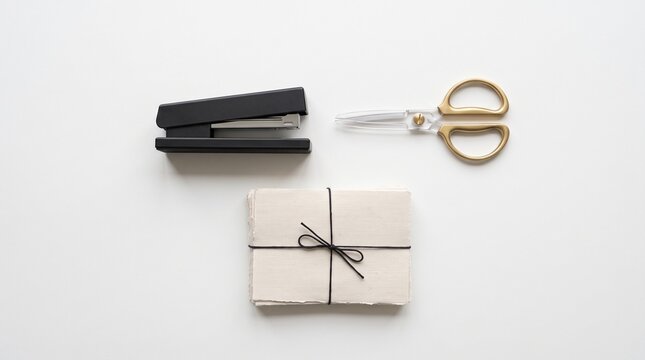 Office stationery with stapler scissors and tied paper stack isolated on white