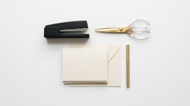 Stationery supplies including stapler, scissors, and note cards isolated on white