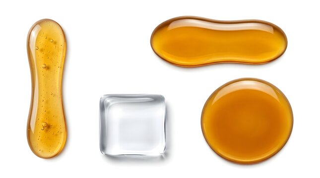 Four glossy golden honey drips and one clear ice cube on pure white background