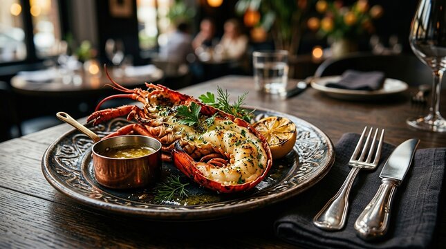 Gourmet grilled lobster tail with lemon and butter sauce