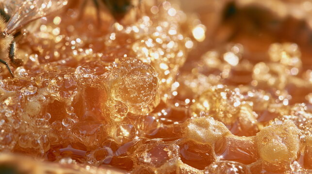 Golden honey fills fresh wax cells in a close view, showing rich amber tones, sweet food texture and natural bee farm detail in warm soft light.