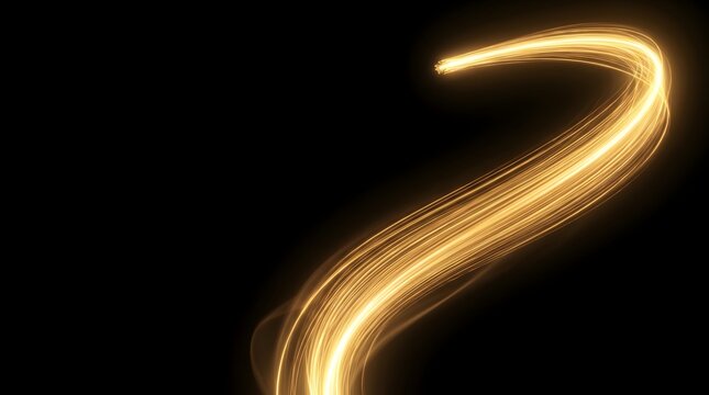 Abstract golden light trail with glowing particles and motion blur effect, dynamic wave of energy flowing on black background, futuristic digital stream design element
