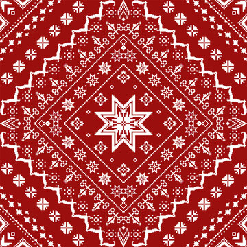 Red and white geometric textile pattern with a large central star motif, layered diamond borders, intricate folk ornaments, and repeating symmetrical decorative elements.