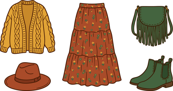 Fall fashion outfit vector illustration with yellow knit cardigan, floral skirt, boots, hat, and fringe bag