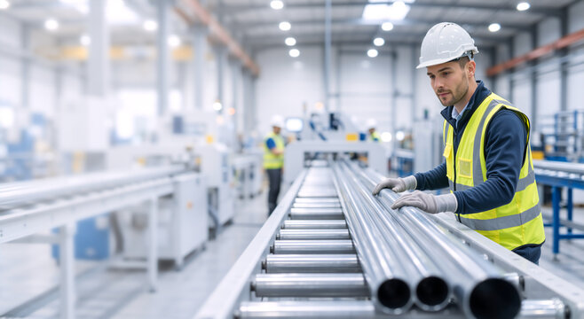 Male factory worker inspecting metal pipes on conveyor belt. Man in safety vest and hard hat checking materials on production line