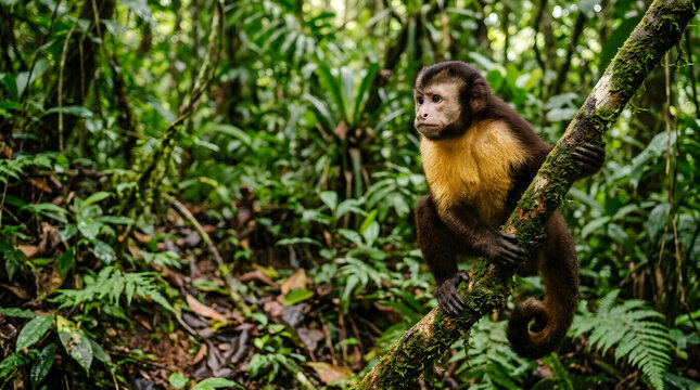 Golden-bellied capuchin monkey perched on a mossy branch in jungle