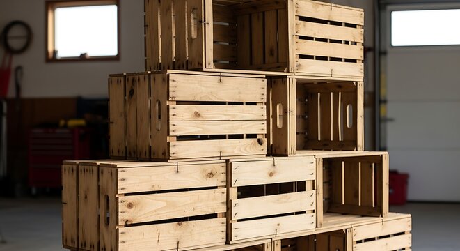 Empty wooden crates stacked in a storage warehouse
