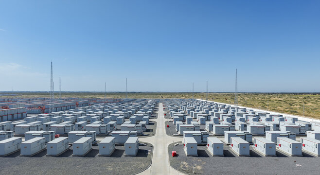 Aerial View of a Giant Lithium Battery Energy Storage Station on Arid Sandy Land in Inner Mongolia, China