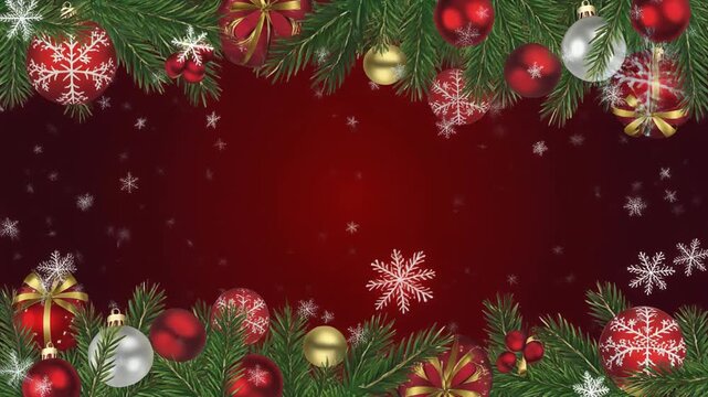 Festive Christmas garland border with ornaments and snowflakes in a deep red gradient background