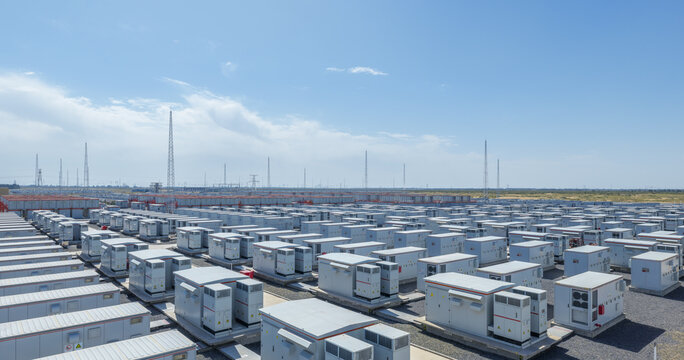 Close-Up Aerial View of Lithium Battery Storage Cabinets at the World's Largest Operational Energy Storage Station in Inner Mongolia, China