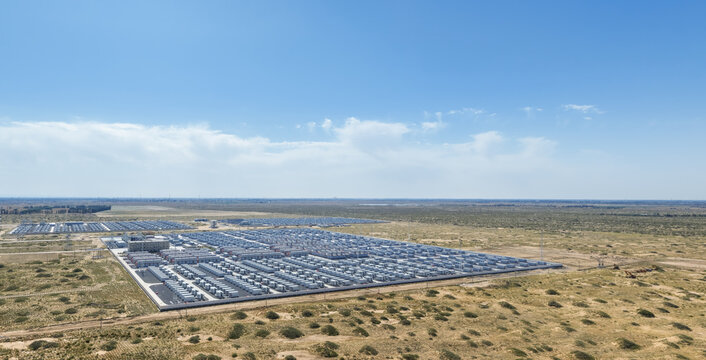 Aerial View of the World's Largest Operational Battery Energy Storage Station on Arid Sandy Land in China