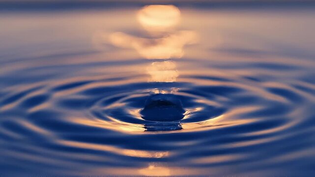 Macro shot of a perfect water droplet bouncing with sunset reflection