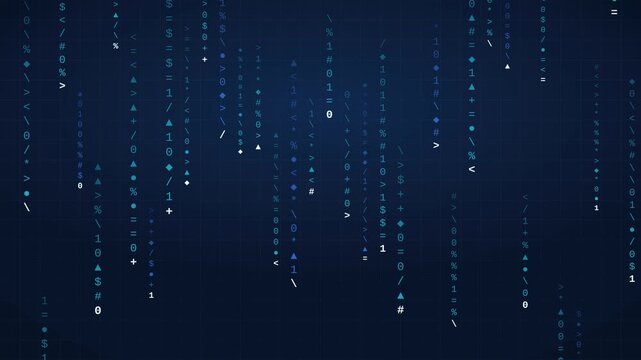 4K cobalt code rain with glowing characters streaming down the left side, dark futuristic abstract backdrop